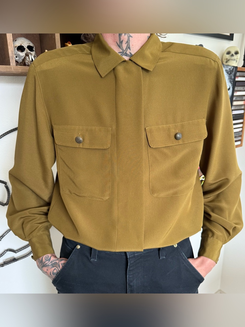 Vintage 80s 90s Minimalist Utility Blouse Golden Olive ~ Size Small / 6